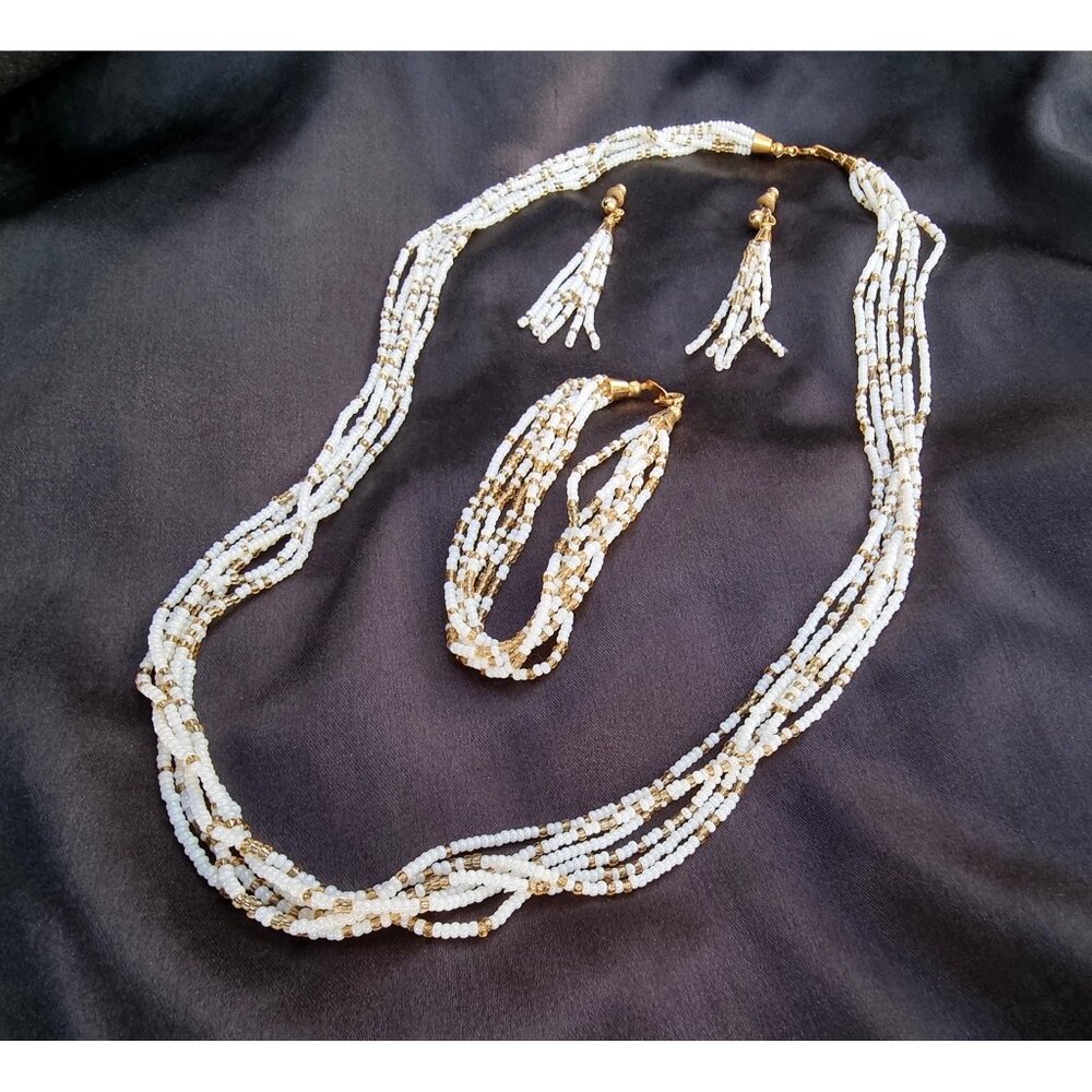 Vintage 1950s-1960s CROWN TRIFARI Signed Multi Stranded Micro Glass Beads White